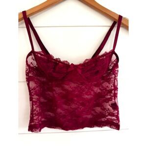 Coquette Lace Cami Burgundy Red Sheer Bralette Crop Tank Top Y2K Soft Girl XS